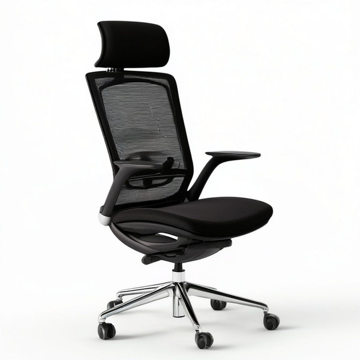 Ergonomischer Bürodrehstuhl mit Kopfstütze und Netzrücken, Schwarz/Silber, 65 x 65 x 118–128 cm