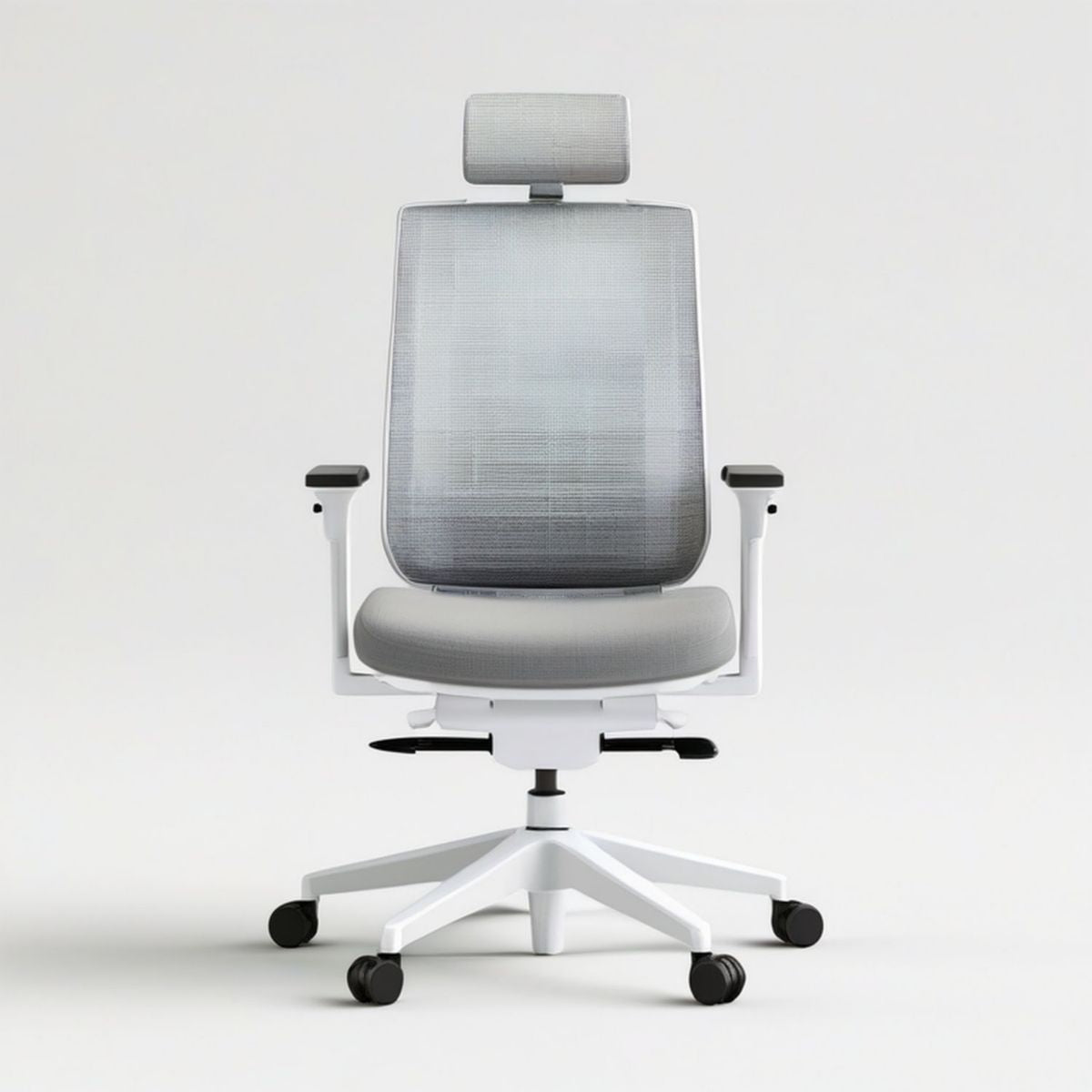 Ergonomischer Drehstuhl mit Kopfstütze, Netzrücken und Armlehnen, Weiss/Grau/Schwarz, 65 x 65 x 120–130 cm