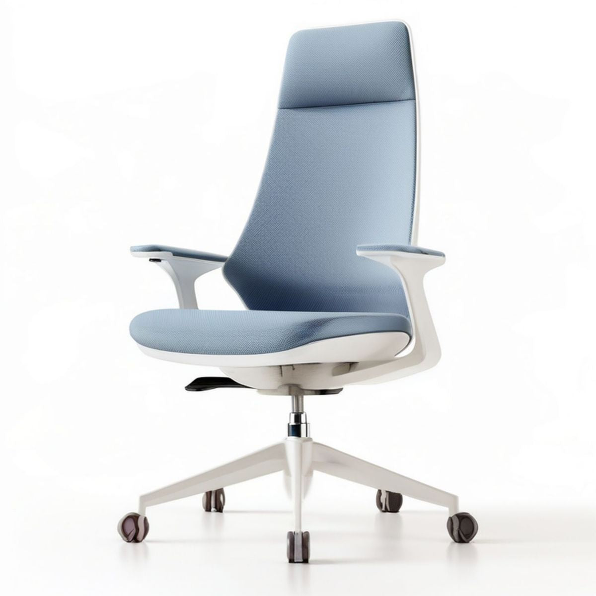 Ergonomischer Bürodrehstuhl mit hoher Rückenlehne, Armlehnen und Rollen, 68 x 68 x 118–128 cm, Hellblau/Weiss