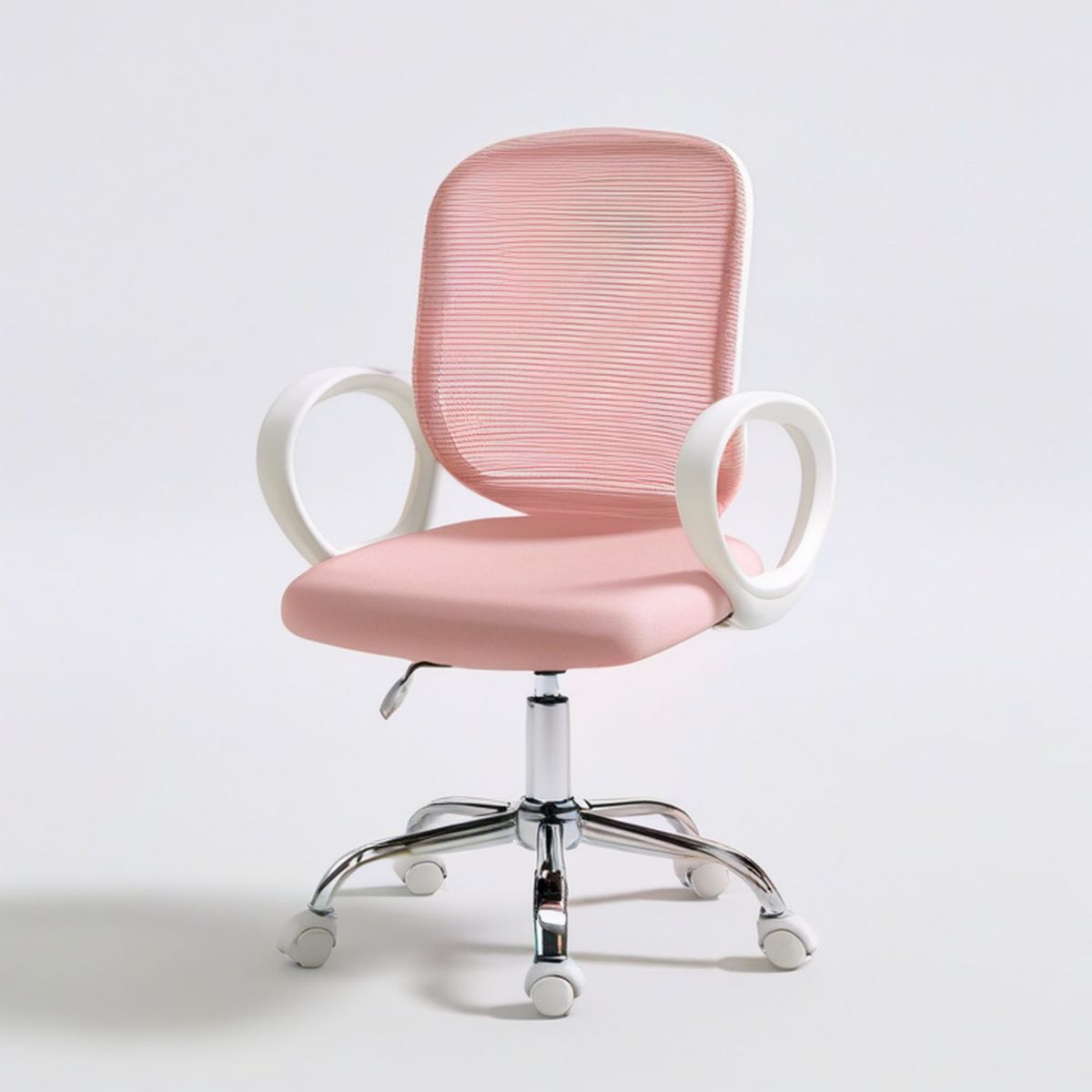 Drehstuhl mit Armlehnen, höhenverstellbar, 59 x 60 x 89–99 cm, Rosa/Weiss/Silber