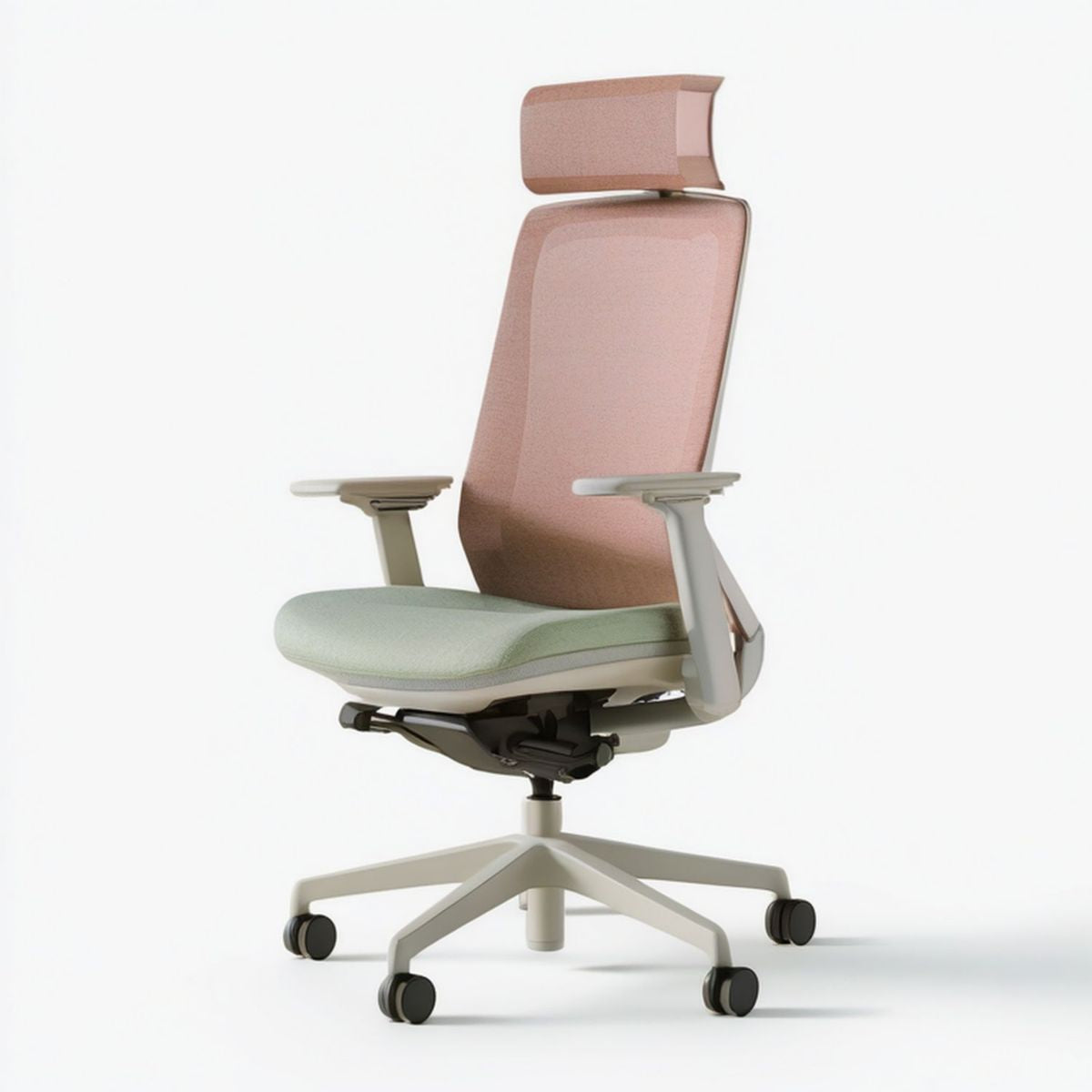 Ergonomischer Bürodrehstuhl mit Kopfstütze, Armlehnen und Rollen, 68 x 68 x 118–128 cm, Rosa/Hellgrün/Hellgrau
