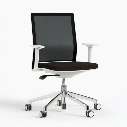 Ergonomischer Bürodrehstuhl mit Netzrückenlehne und Armlehnen, Schwarz/Weiss/Silber, 65 x 65 x 98–108 cm