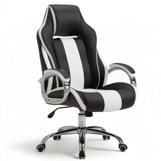 Ergonomischer Bürostuhl mit Armlehnen aus PU-Kunstleder, Schwarz/Weiss/Chrom, 66 x 70 x 112–122 cm