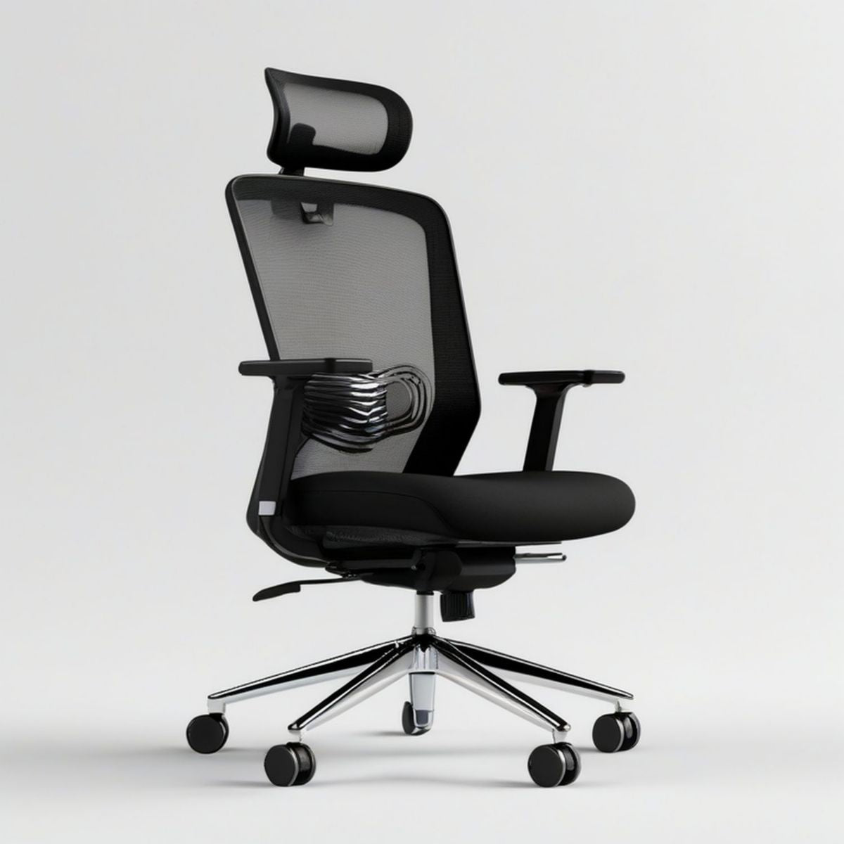 Ergonomischer Bürostuhl mit Kopfstütze, Netzrücken und Rollen, Schwarz/Silber, 64 x 64 x 118–128 cm