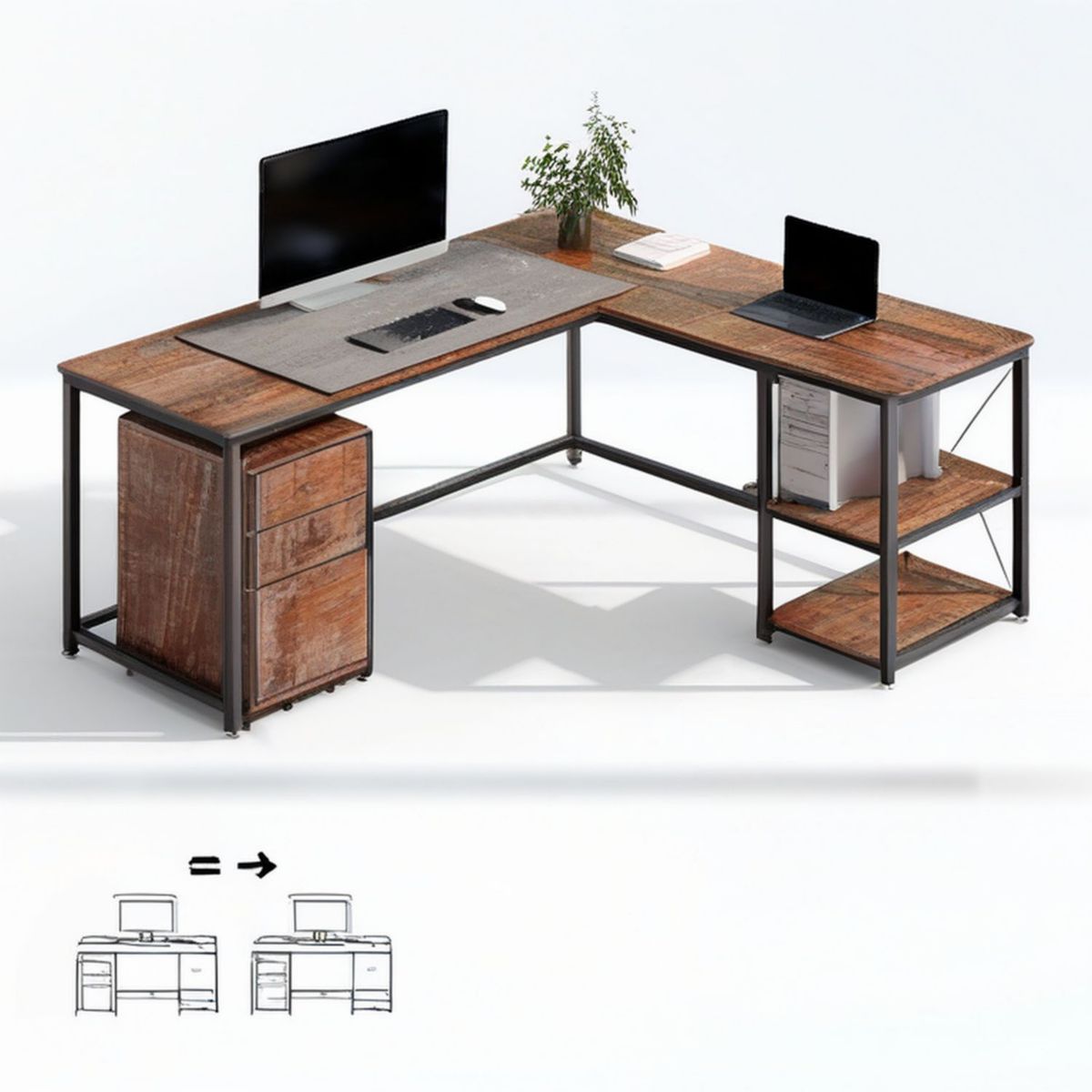L-förmiger Schreibtisch 160 x 140 x 75 cm mit 3 Schubladen und 2 Regalböden, Rustikalbraun/Schwarz