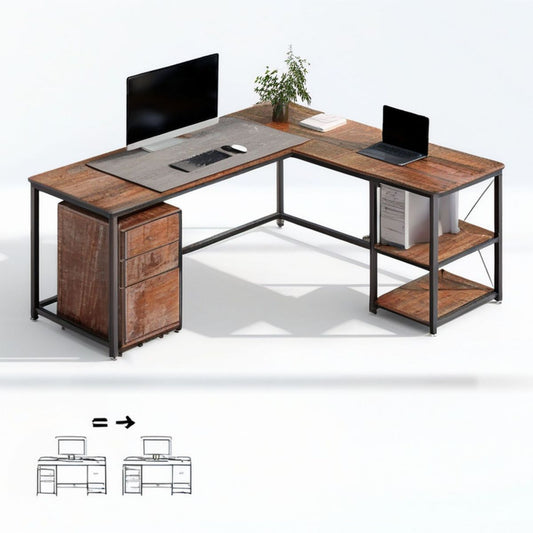 L-förmiger Schreibtisch 160 x 140 x 75 cm mit 3 Schubladen und 2 Regalböden, Rustikalbraun/Schwarz