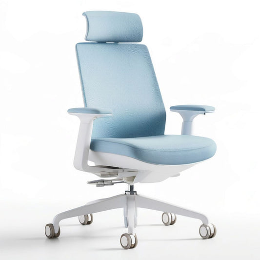 Ergonomischer Bürostuhl mit Kopfstütze und Armlehnen, Hellblau/Weiss, 66 x 66 x 116–126 cm
