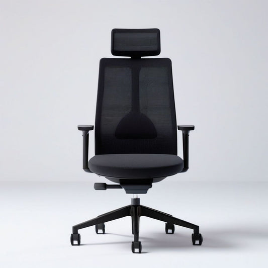 Ergonomischer Bürodrehstuhl Schwarz mit Netzrücken, Kopfstütze, Armlehnen und Rollen, 67 x 67 x 118–128 cm