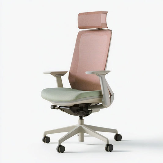 Ergonomischer Bürodrehstuhl mit Kopfstütze, Armlehnen und Rollen, 68 x 68 x 118–128 cm, Rosa/Hellgrün/Hellgrau